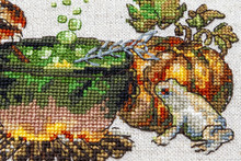 Cross-stitch Embroidery With Cat In Hat, Cauldron, Toad, Bonfire And Pumpkin.