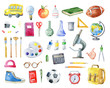 Set of school items on white background.