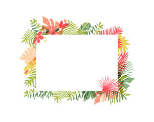 Wall Mural - Hand drawn tropical flower composition, botanical framing. Vector illustration isolated on white background. Floral jungle frame, exotic plant leaf framework, lets flamingle