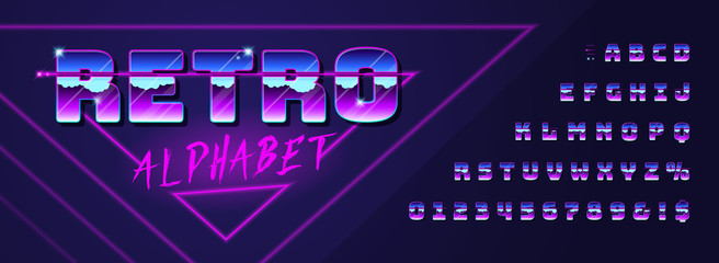 Fototapete - Retro font and alphabet 80's with metallic effect. Vector typeface in futurism style for your design.