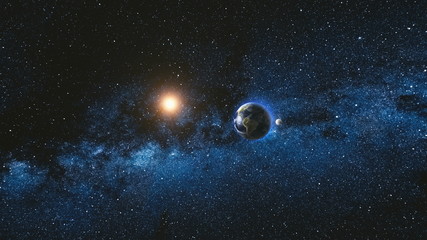 sunrise view from space on planet earth and moon rotating in space. blue sky milky way with thousand