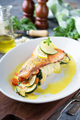 Wall Mural - Salmon with vegetables and mashed potatoes