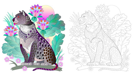 Wall Mural - colorful and black and white pattern for coloring. drawing of black leopard in fantasy tropical envi