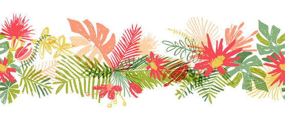 Wall Mural - Tropical flower hand drawn border, vector illustration isolated on white background. Floral bouquet, exotic plant leaf, doodle style