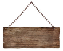 Old Wooden Sign Hanging On A Chain Isolated On White Background