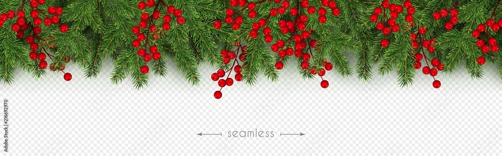 Christmas, New Year seamless border Realistic branches of Christmas tree and holly berries Vector - obrazy, fototapety, plakaty 