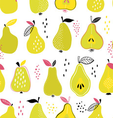 Wall Mural - Seamless pattern with creative pear illustrations in vector. Hand drawn trendy backgroun