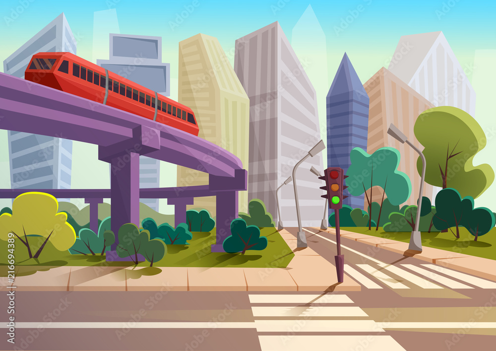 Vector Cartoon modern city panorama with glass skyscrapers and high way ...