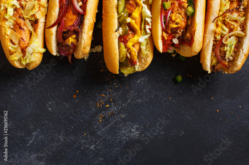 Cuadros en Lienzo Different Hot dogs with a sausage on a fresh rolls.