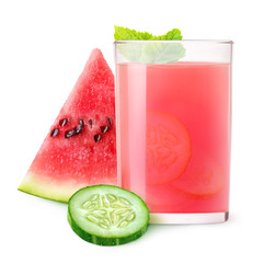 Wall Mural - Isolated refreshment. Glass of watermelon and cucumber cocktail and pieces of fruits isolated on white background with clipping path