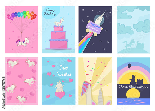 Cuadros en Lienzo Set of Birthday greeting cards and invitations with unicorns