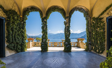 Scenic Balcony Overlooking Lake Como In The Famous Villa Del Balbianello, In The Comune Of Lenno. Lombardy, Italy.