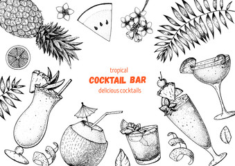 Wall Mural - Alcoholic cocktails hand drawn vector illustration. Cocktails sketch set. Engraved style. Pina colada, sidecar, singapore sling and man tai.