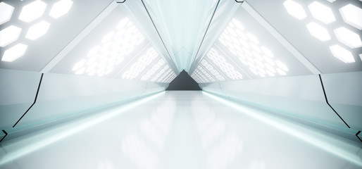 Sci-Fi Futuristic Bright Long Triangle Shaped Ship Tunnel With Hexagon White Lights And Reflected Materials 3D Rendering