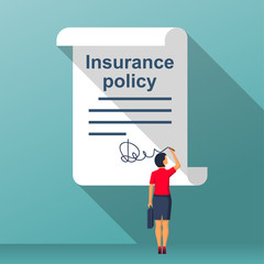 Wall Mural - Woman signature form insurance policy. Vector illustration flat design. Claim form. Isolated on background. Document protection property.