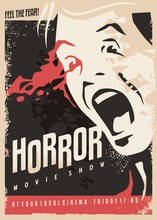 Horror Movie Show Retro Cinema Poster Design With Scared Man Screaming And Lots Of Blood On Dark Background. 
