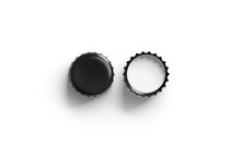 Blank Black Beer Lid Mockup, Top View, Front And Back Side, 3d Rendering. Empty Metal Soda Cap Mock Up Design Template. Clear Bottle Cover Isolated.