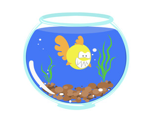 toothy yellow fish in a fishbowl among soil and algae