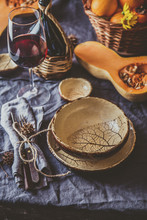 Autumn Table Setting With Pumpkins. Thanksgiving Dinner And Autumn Decoration.