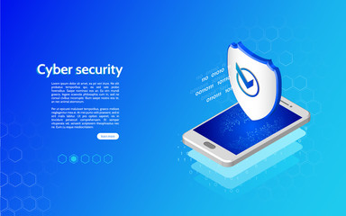 3D Cyber security technology mechanism concept. Abstract isometric personal data protection. Header for website with smartphone and protection shield.