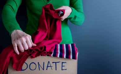 Wall Mural - Donation Concept. Woman Preparing her Used Old Clothes into a Donate Box