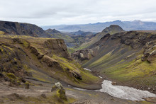 Skogar River Canyon With Green Vegetation And Beautiful Rock Formations. South Of Iceland Near Thorsmork Between The Glaciers Of Tindfjallajokull And Eyjafjallajokull.