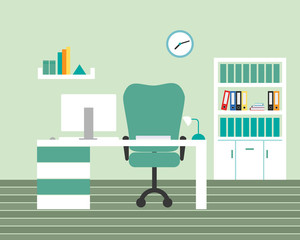 Poster - Office room with green walls and white furniture, with computer, lamp and monitor on desk, with chair and clock next to rack on wall - flat design