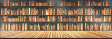 Panorama Blurred Bookshelf Many Old Books In A Book Shop Or Library.