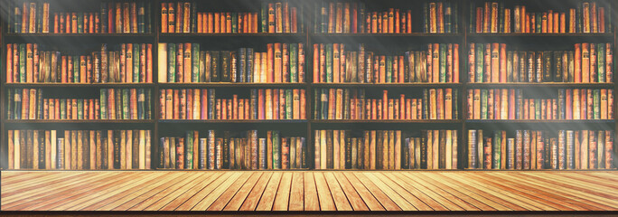 Wall Mural - panorama blurred bookshelf Many old books in a book shop or library.