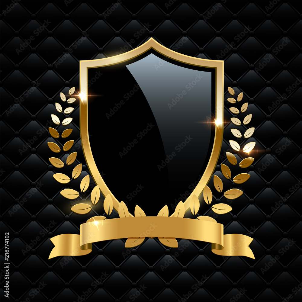 Black glass shield with golden frame, golden laurel wreath and golden ribbon isolated on black background. Vector design element.