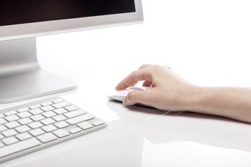 woman hand type something isolated white.