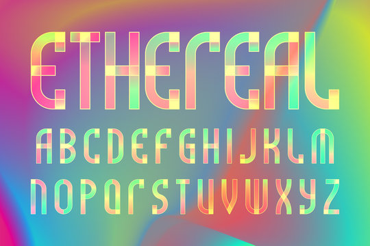 Ethereal letters alphabet. Colorful translucent font. Isolated english alphabet on iridescent background.