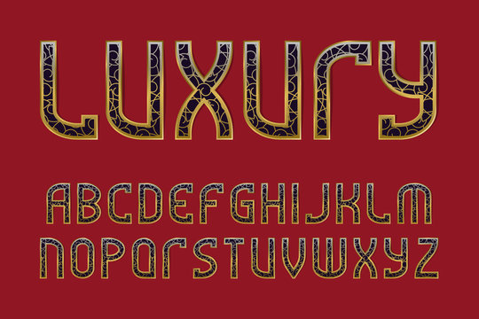 Luxury patterned alphabet. Golden ornament with black letters vintage font. Isolated english alphabet.