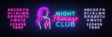 Fototapeta Młodzieżowe - Night Club Neon Logo Vector. Flamingo neon sign concept, design template, modern trend design, night neon signboard, night bright advertising, light banner, light art. Vector. Editing text neon sign