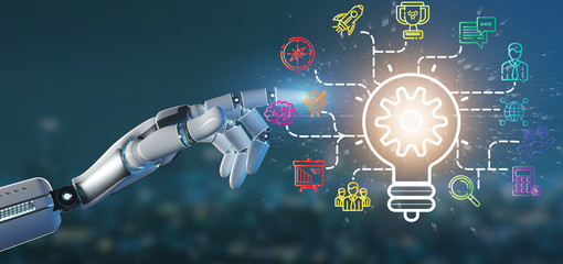 Poster - Cyborg hand holding a bulb lamp idea concept with start up icon connected 3d rendering