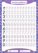 Numbers 0-9. Tracing Worksheet for kids. Preschool worksheet, practicing motor skills - tracing dashed lines. A4 purple grid.