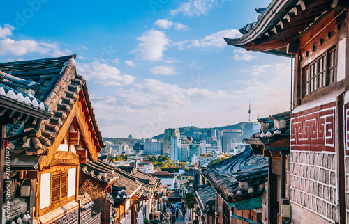 Bukchon Hanok Village, old traditional Korean house with tourist Wallpaper Mural
