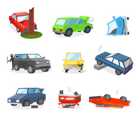 Sticker - Car crash and accidents. Robber in mask broke window in auto. Vehicle with punctured tire. Damaged automobiles. Flat vector set