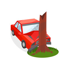 Canvas Print - Red car crashed into tree trunk. Damaged automobile. Road accident. Transport and auto insurance theme. Flat vector icon