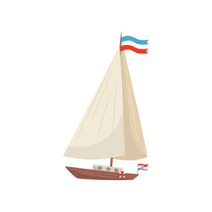 Wall Mural - flat vector icon of sailing yacht with flag of croatia and lifebuoy. marine vessel. wooden boat with