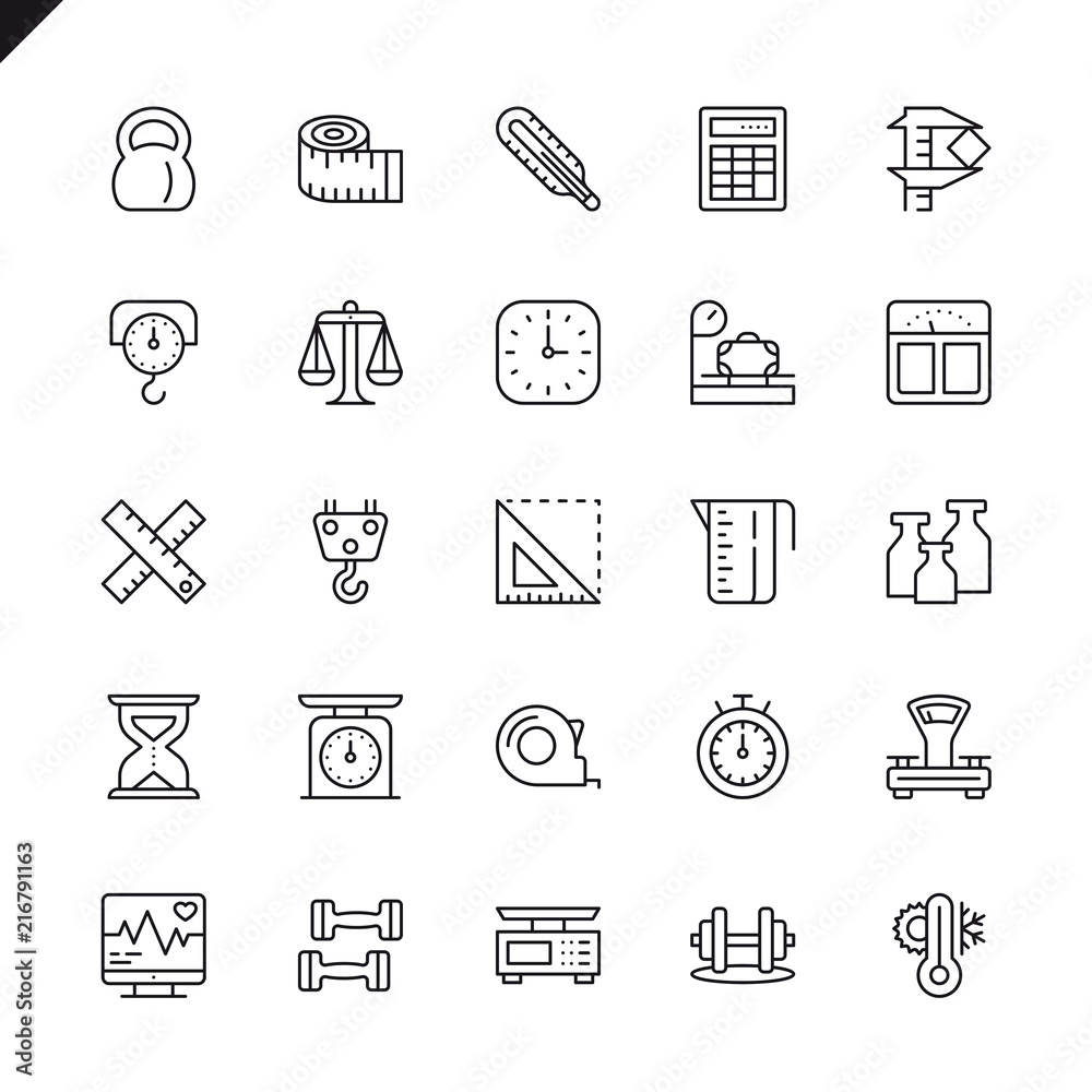 Thin line measuring, measure elements icons set for website and mobile site and apps. Outline icons design. 48x48 Pixel Perfect. Linear pictogram pack. Vector illustration. - obrazy, fototapety, plakaty 