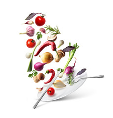 Vegetables in the air with a plate on a white background.Eda.Dieta