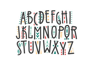 Poster - Vector uppercase ethnic alphabet, hand-drawn letters decorated with color patterns.