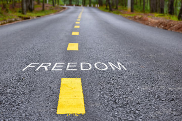 Words of freedom with yellow line marking on road surface, transportation concept and business idea