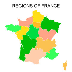  Black outlines map of France with names on white background.