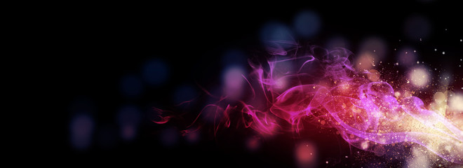 Wall Mural - dark abstract bokeh background, magic smoke and sparks, neon