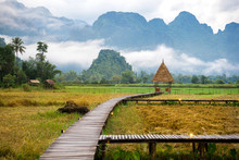 Beautiful Landscape Of Wooden Path On Surrounded By Rice Fields And Towering Mountains With Mist, Vang Vieng, Laos, Is One Of Southeast Asia's Most Beautiful Adventure Destinations.