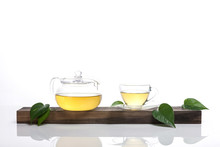 Asian Tea Set With Leaf Isolated White