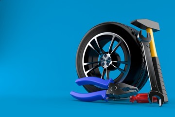 Wall Mural - Car wheel with work tools