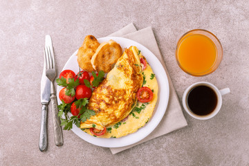 Wall Mural - Herb omelette with tomatoes and panini toasts. Coffee. Breakfast